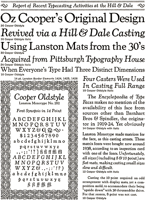 Hill and Dale's Cooper Oldstyle Specimen Sheet