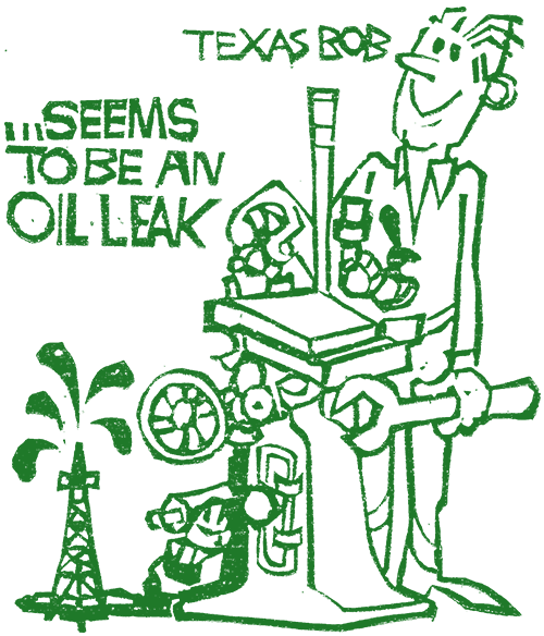Bill Jackson linocut illustration of an oil-leaking typecasting machine