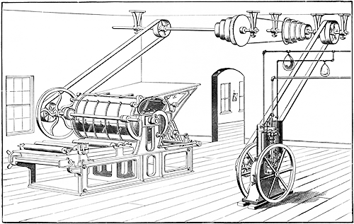 Illustration of a new gas engine and overhead drive shafts