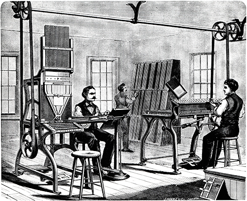 Woodcut rendering of a Kastenbein typesetter
