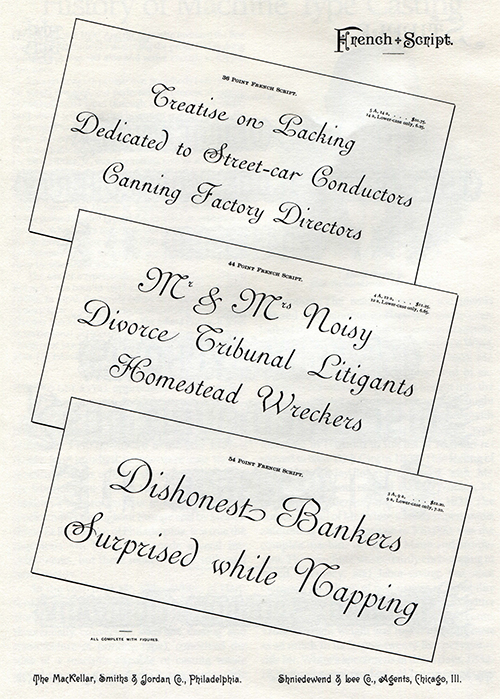 1890 MacKeller, Smith & Jordan Company, French Script Font advertisement