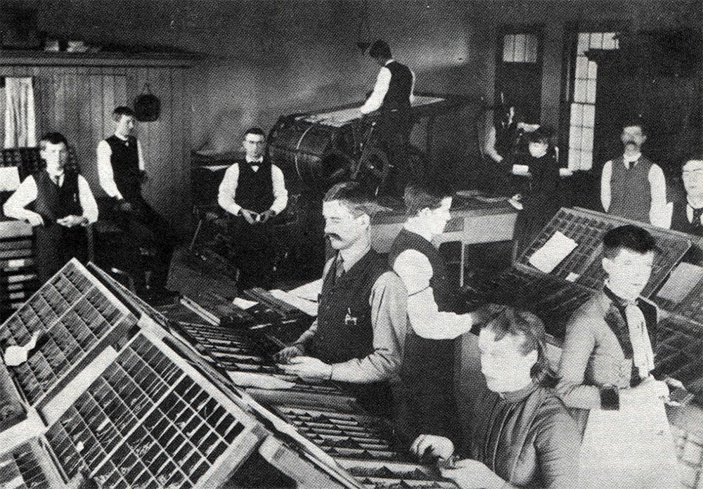 Halttone photograph of what the Comp and his workplace looked like