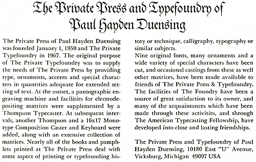 The Private Press and Typefoundry of Paul Hayden Duensing