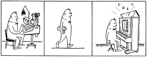 Cartoon of a typecaster and a player piano