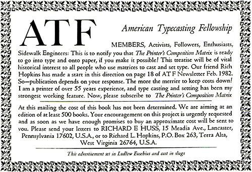 Printer's Composition Matrix advertisement