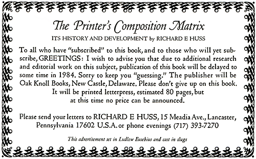 Advertisement for Printer's Composition Matrix