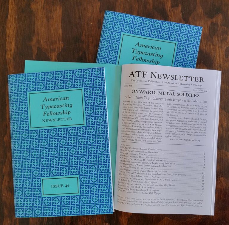 ATF Newsletters, showing the cover printed in an overall blue pattern and the first page of text